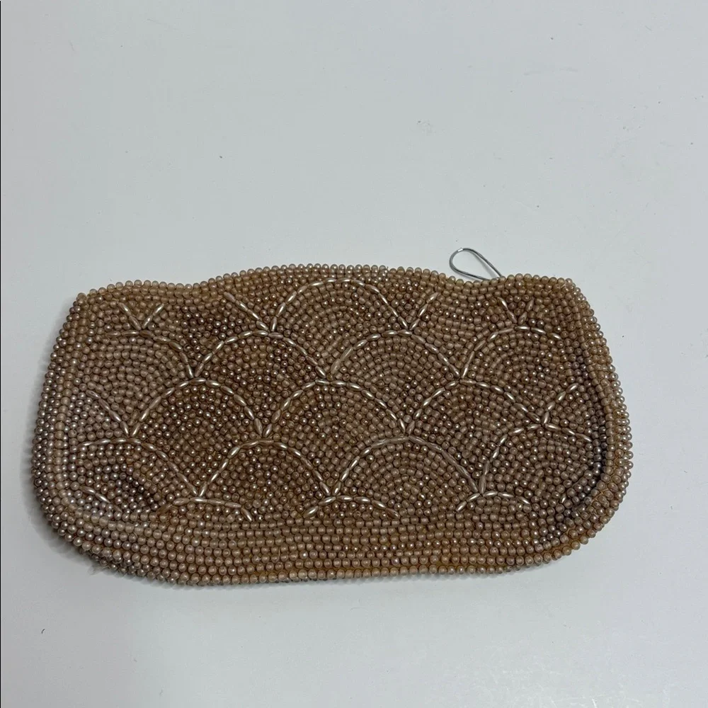 Vintage Gold Tan Beaded Scalloped Zippered Clutch Japan